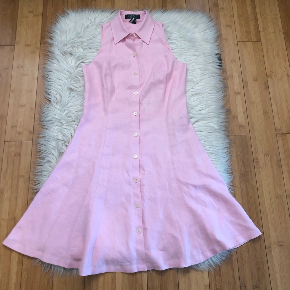 Lauren Ralph Lauren Linen Sleeveless Collared Pink Button Front Mini Dress 2P